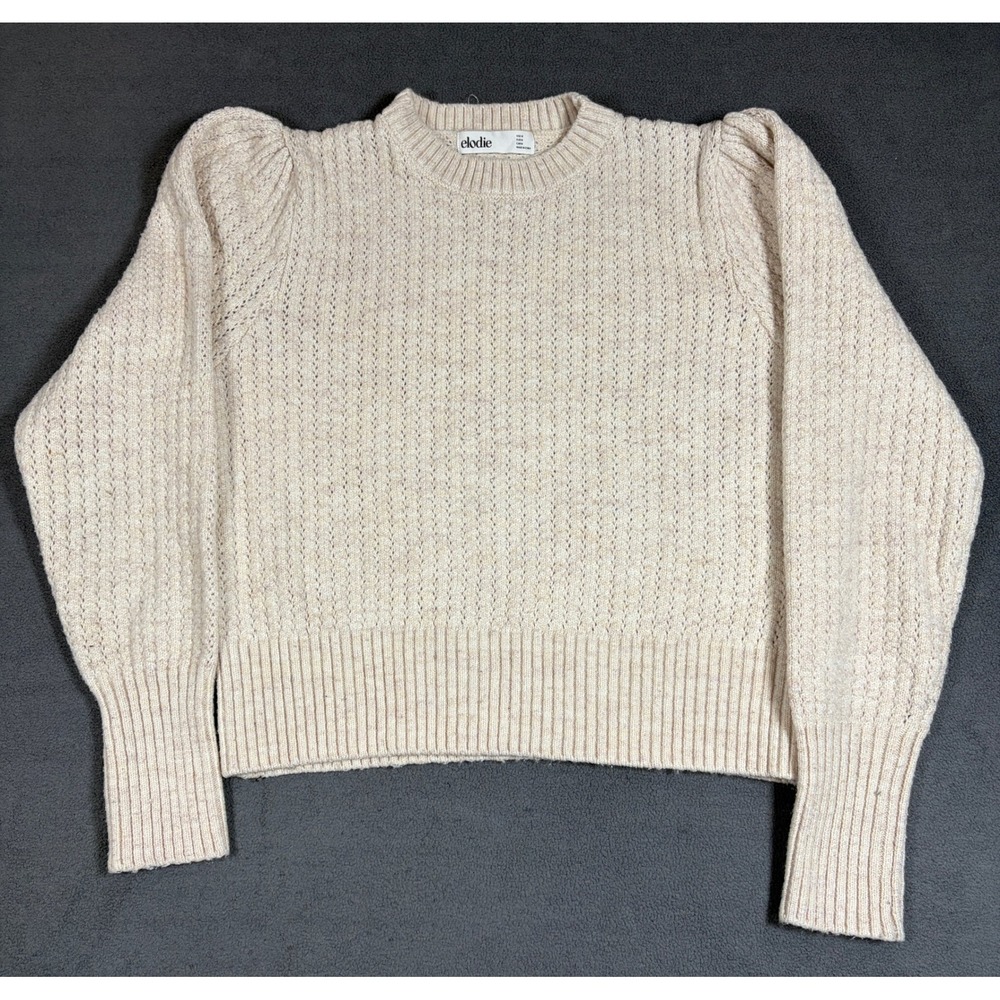 Elodie Sweater Womens Medium Cream Puff Sleeve Pointelle Knit Pullover ELSY4165